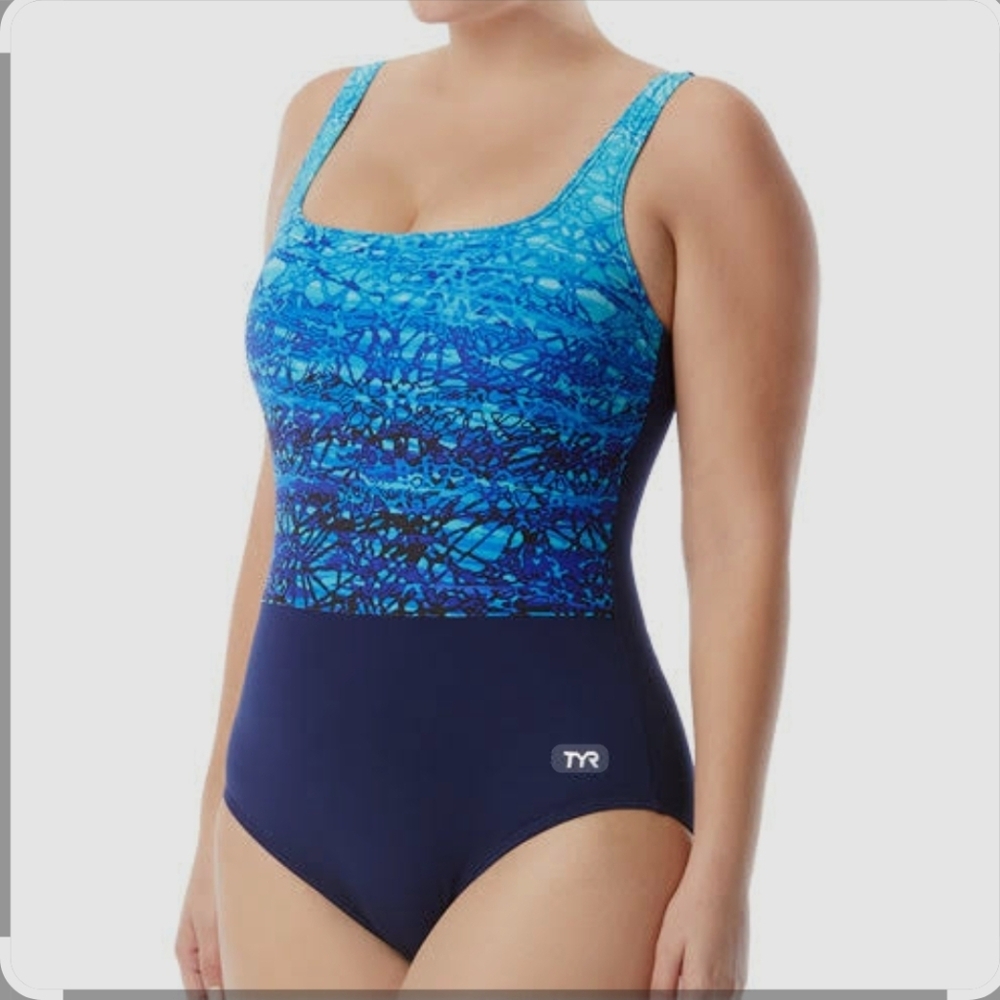 TYR  Women's Durafast Elite Blue/Teal Artic Scoop Neck Controlfit Swim Sz 8 New